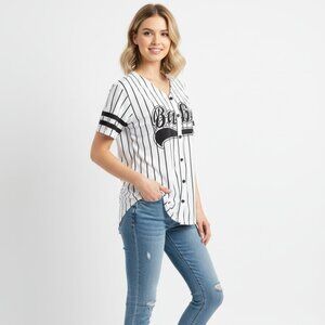 On Fire Women XL Button Front Short Sleeve Top White Stripe V-Neck 100% Cotton